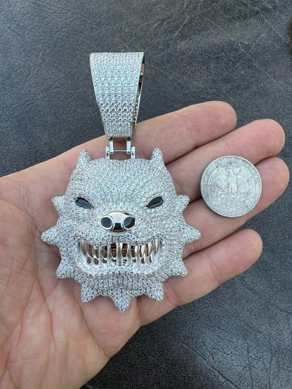 HarlemBling Huge 3.5 Iced Hip Hop 925 Silver Angry Pitbull Dog Animal Pendant Necklace Mens