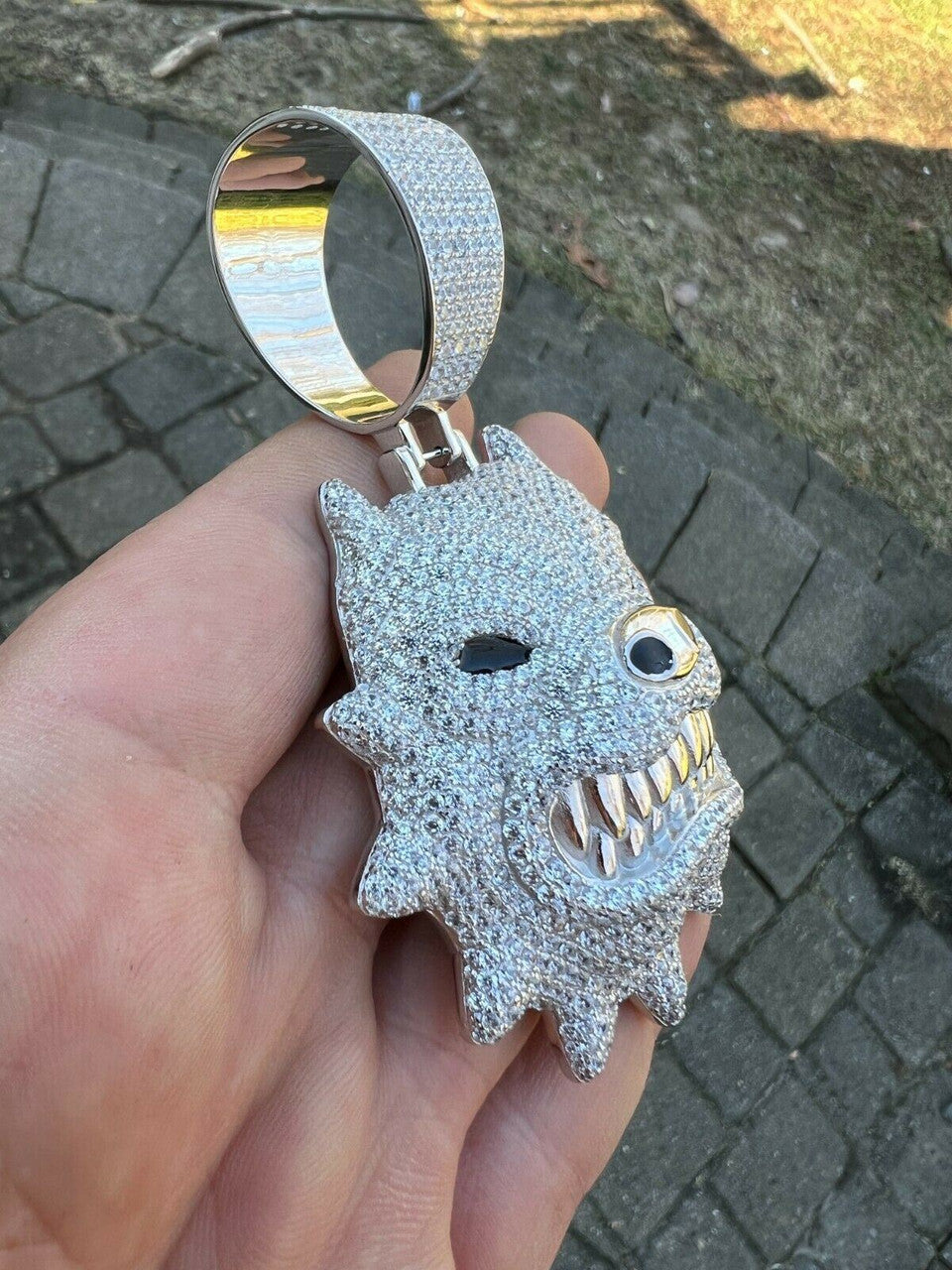 HarlemBling Huge 3.5 Iced Hip Hop 925 Silver Angry Pitbull Dog Animal Pendant Necklace Mens