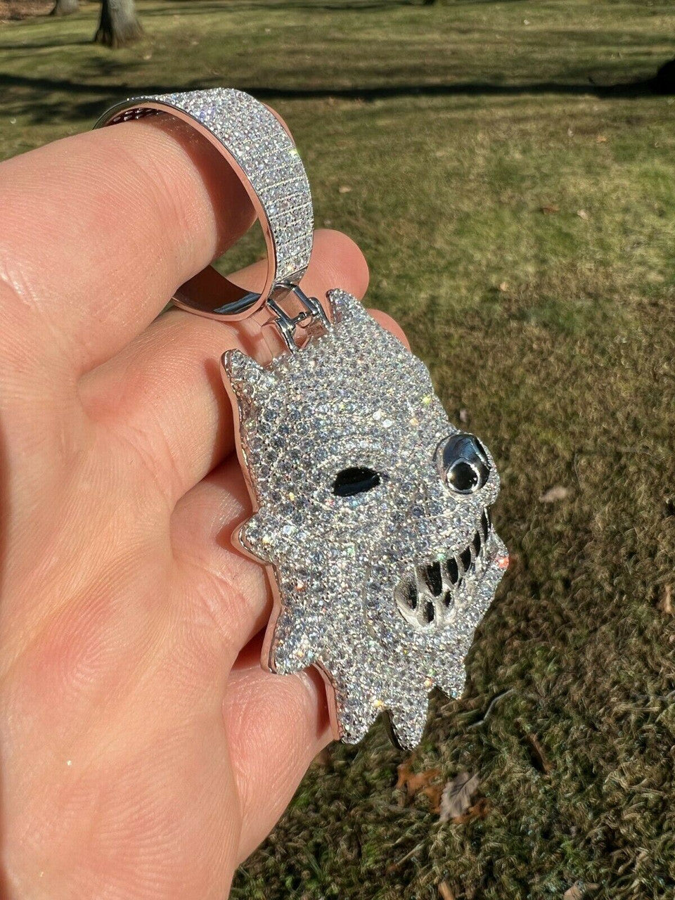 HarlemBling Huge 3.5 Iced Hip Hop 925 Silver Angry Pitbull Dog Animal Pendant Necklace Mens