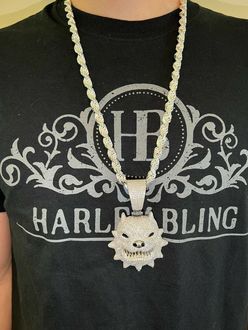 HarlemBling Huge 3.5 Iced Hip Hop 925 Silver Angry Pitbull Dog Animal Pendant Necklace Mens
