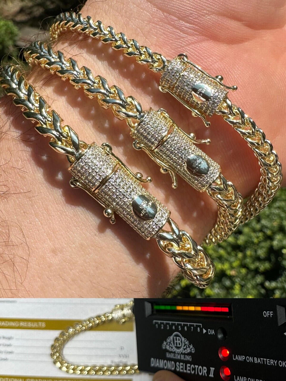 HarlemBling Iced MOISSANITE Clasp 14k Gold Over Stainless Franco Bracelet 4-6mm Pass Tester