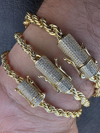 HarlemBling Iced MOISSANITE Clasp 14k Gold Over Stainless Rope Bracelet 4-6mm Pass Tester 