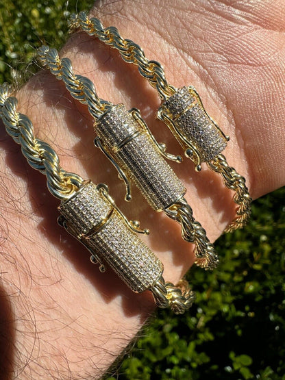 HarlemBling Iced MOISSANITE Clasp 14k Gold Over Stainless Rope Bracelet 4-6mm Pass Tester 
