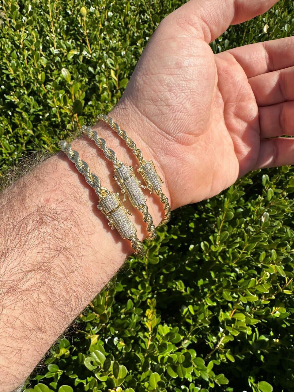 HarlemBling Iced MOISSANITE Clasp 14k Gold Over Stainless Rope Bracelet 4-6mm Pass Tester 