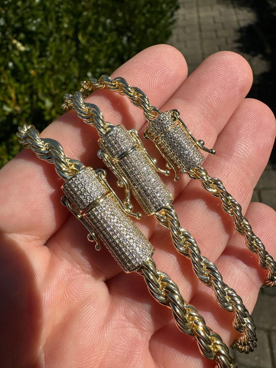 HarlemBling Iced MOISSANITE Clasp 14k Gold Over Stainless Rope Bracelet 4-6mm Pass Tester 