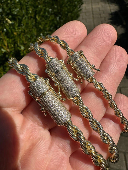 HarlemBling Iced MOISSANITE Clasp 14k Gold Over Stainless Rope Bracelet 4-6mm Pass Tester 