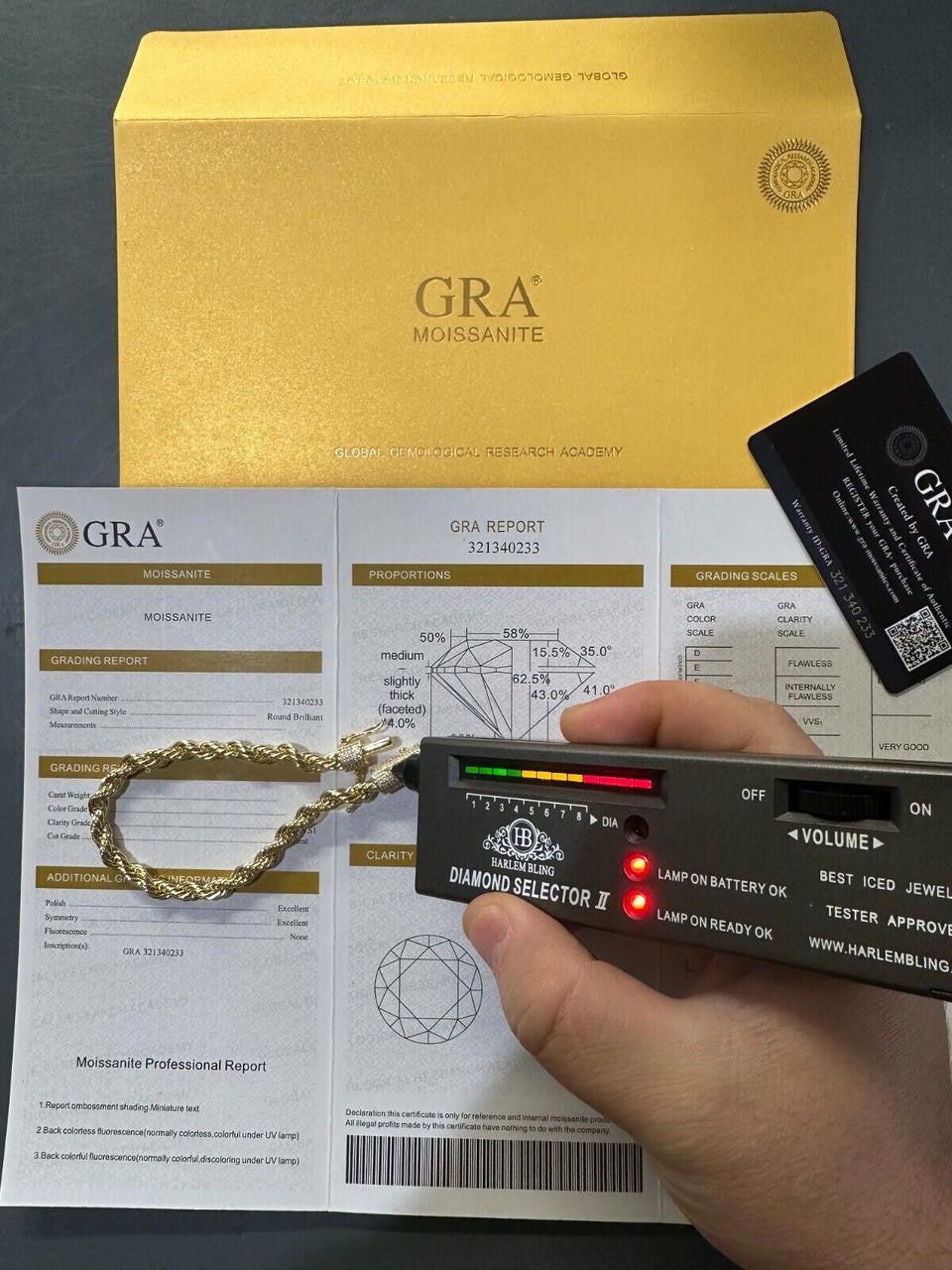 HarlemBling Iced MOISSANITE Clasp 14k Gold Over Stainless Rope Bracelet 4-6mm Pass Tester 