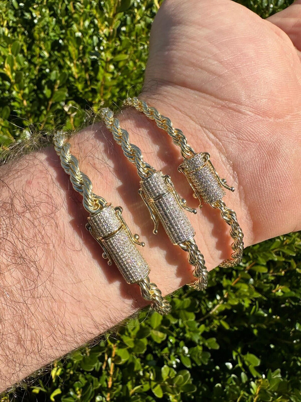 HarlemBling Iced MOISSANITE Clasp 14k Gold Over Stainless Rope Bracelet 4-6mm Pass Tester 