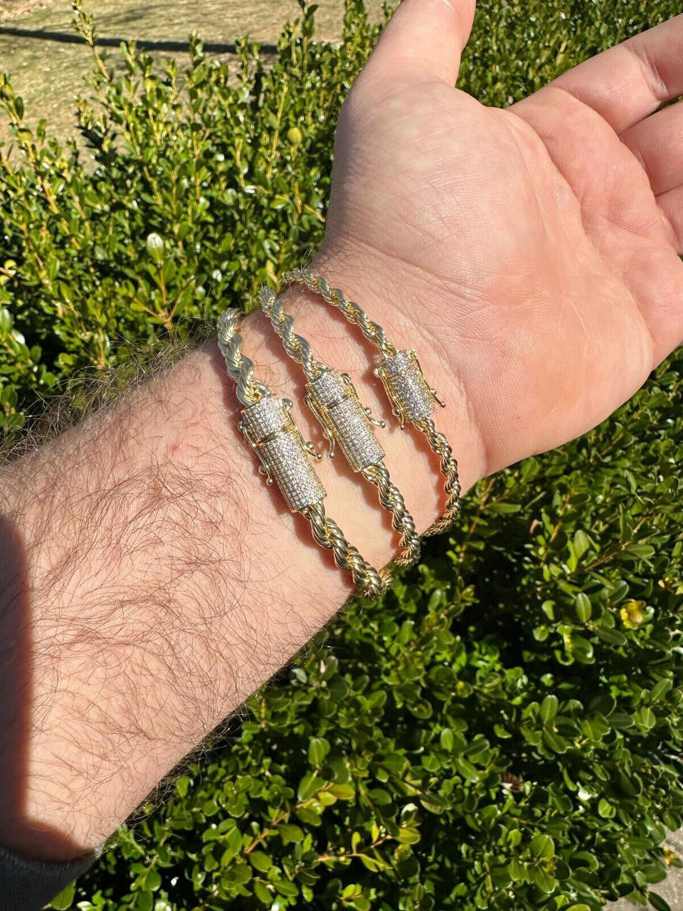 HarlemBling Iced MOISSANITE Clasp 14k Gold Over Stainless Rope Bracelet 4-6mm Pass Tester 