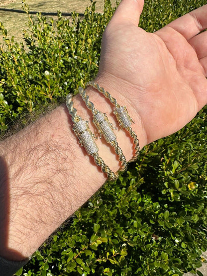 HarlemBling Iced MOISSANITE Clasp 14k Gold Over Stainless Rope Bracelet 4-6mm Pass Tester 
