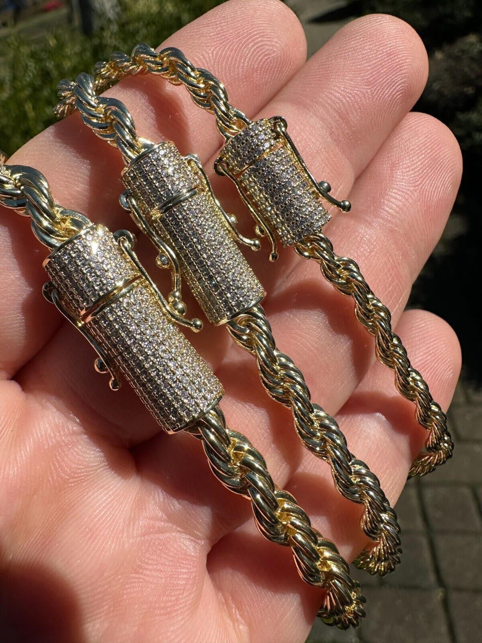 HarlemBling Iced MOISSANITE Clasp 14k Gold Over Stainless Rope Bracelet 4-6mm Pass Tester 