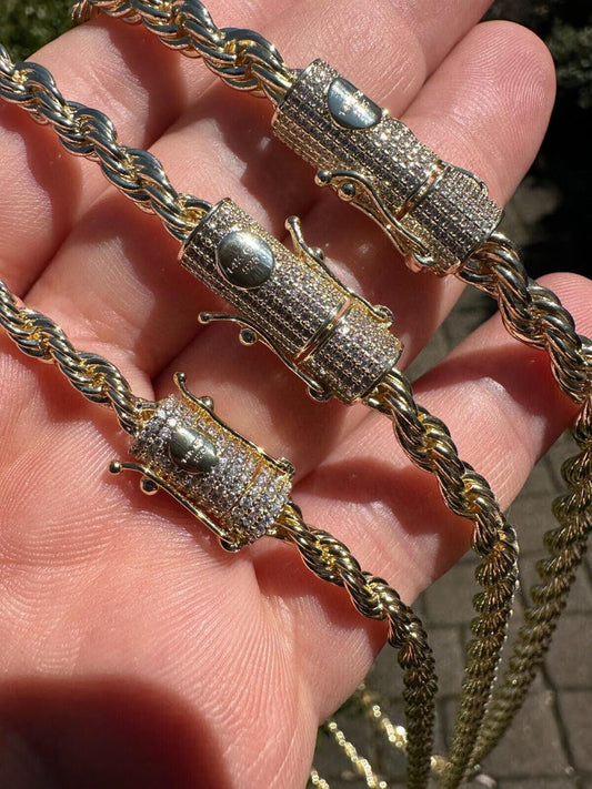 HarlemBling Iced MOISSANITE Clasp 14k Gold Over Stainless Steel Rope Chain Necklace Bracelet