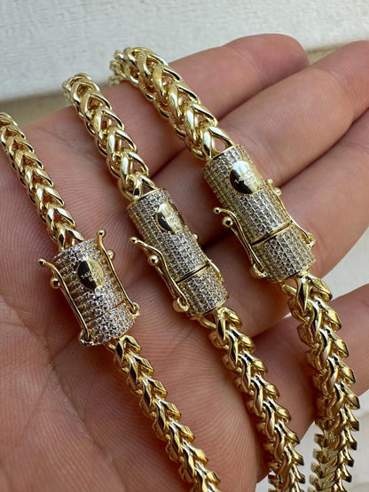 HarlemBling Iced MOISSANITE Clasp 14k Gold Plate Stainless Steel Franco Chain Necklace 4-6mm