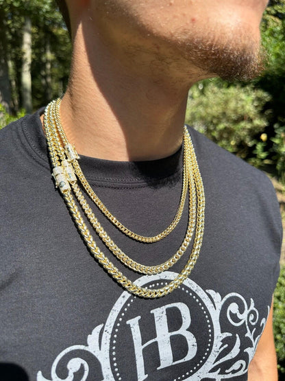 HarlemBling Iced MOISSANITE Clasp 14k Gold Plate Stainless Steel Franco Chain Necklace 4-6mm