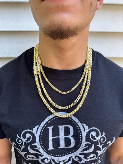 HarlemBling Iced MOISSANITE Clasp 14k Gold Plate Stainless Steel Franco Chain Necklace 4-6mm