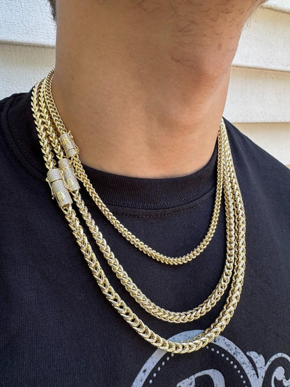 HarlemBling Iced MOISSANITE Clasp 14k Gold Plate Stainless Steel Franco Chain Necklace 4-6mm
