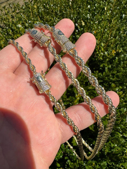 HarlemBling Iced MOISSANITE Clasp 14k Gold Plated Stainless Steel Rope Chain Necklace 4-6mm