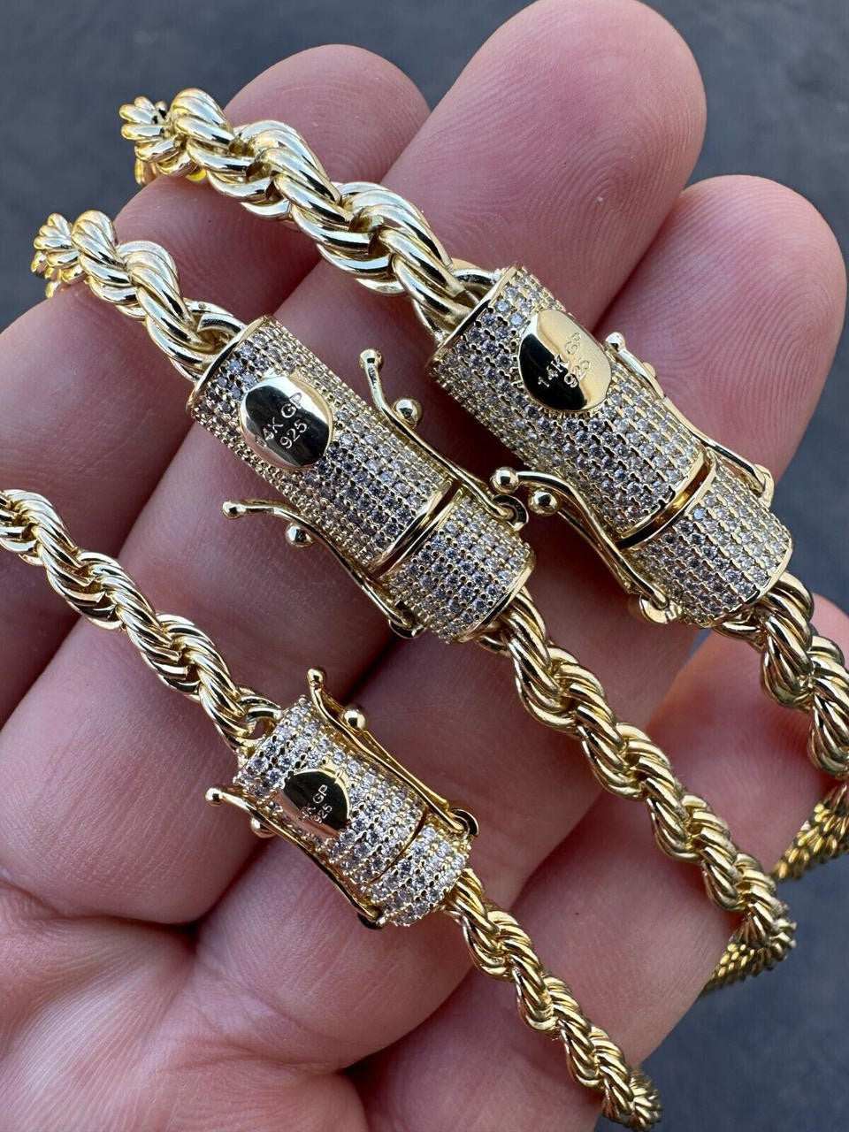 HarlemBling Iced MOISSANITE Clasp 14k Gold Plated Stainless Steel Rope Chain Necklace 4-6mm