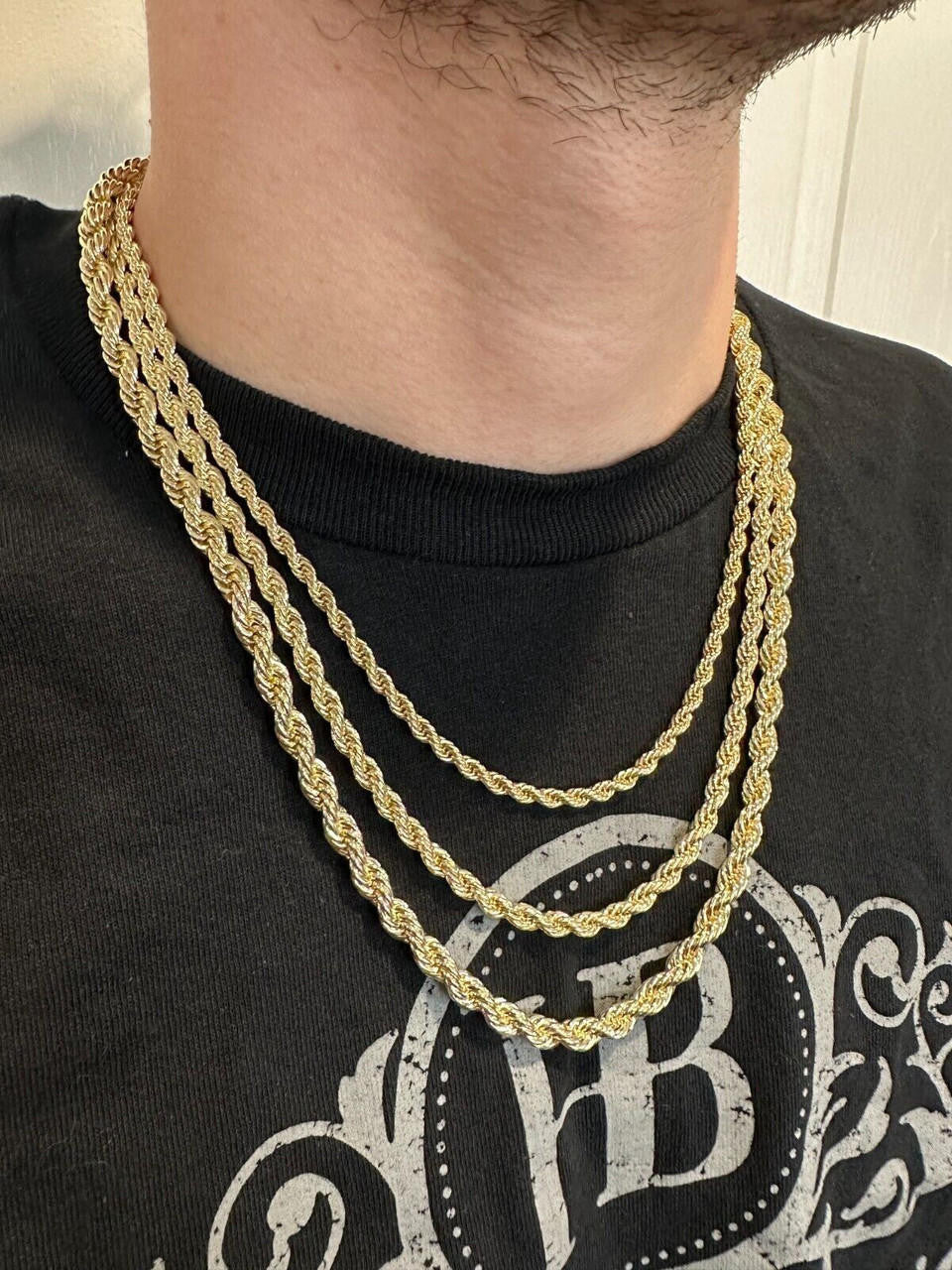 HarlemBling Iced MOISSANITE Clasp 14k Gold Plated Stainless Steel Rope Chain Necklace 4-6mm