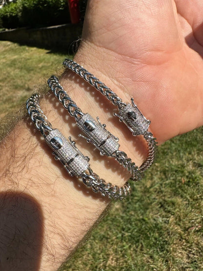 HarlemBling Iced MOISSANITE Clasp 925 Silver & Stainless Franco Bracelet 4-6mm Pass Tester 