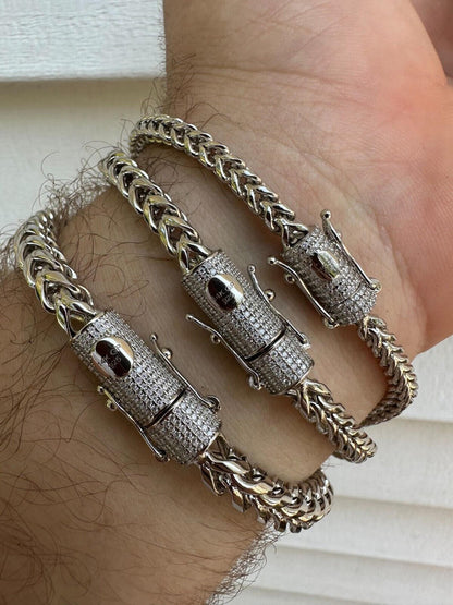 HarlemBling Iced MOISSANITE Clasp 925 Silver & Stainless Franco Bracelet 4-6mm Pass Tester 