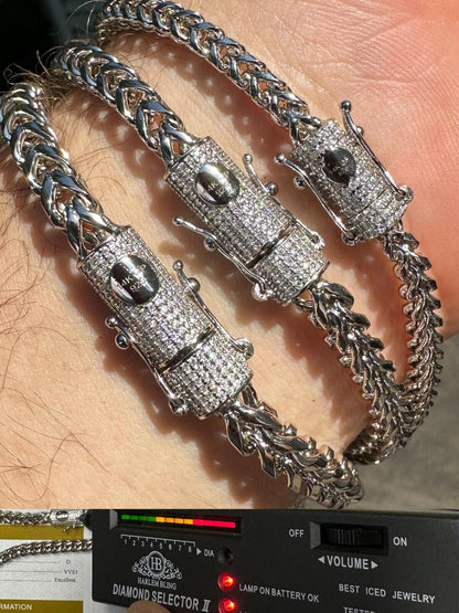 HarlemBling Iced MOISSANITE Clasp 925 Silver & Stainless Franco Bracelet 4-6mm Pass Tester 