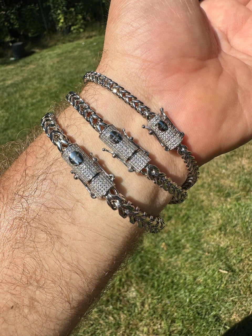 HarlemBling Iced MOISSANITE Clasp 925 Silver & Stainless Franco Bracelet 4-6mm Pass Tester 