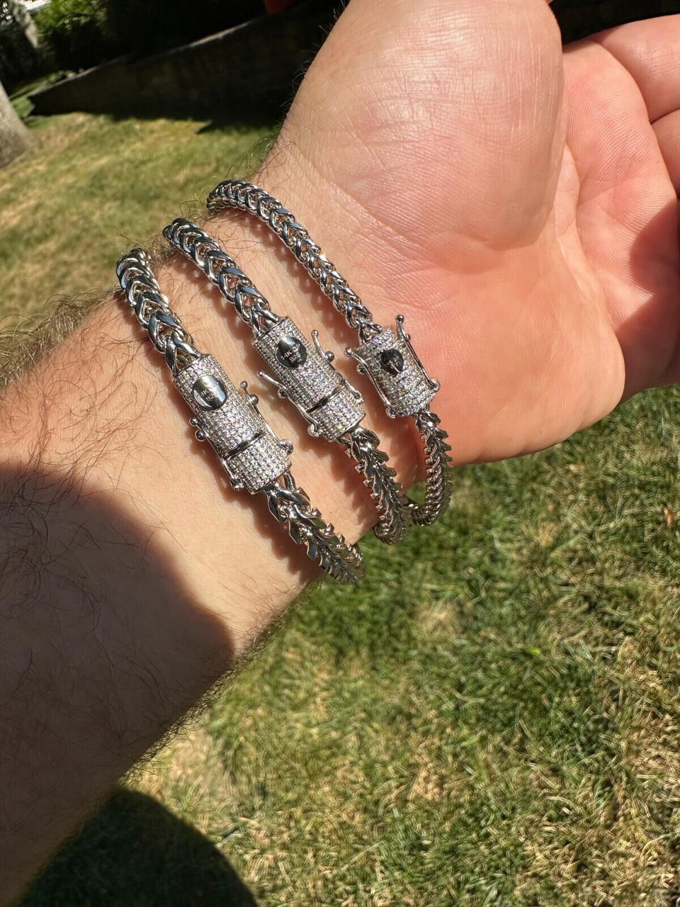 HarlemBling Iced MOISSANITE Clasp 925 Silver & Stainless Franco Bracelet 4-6mm Pass Tester 