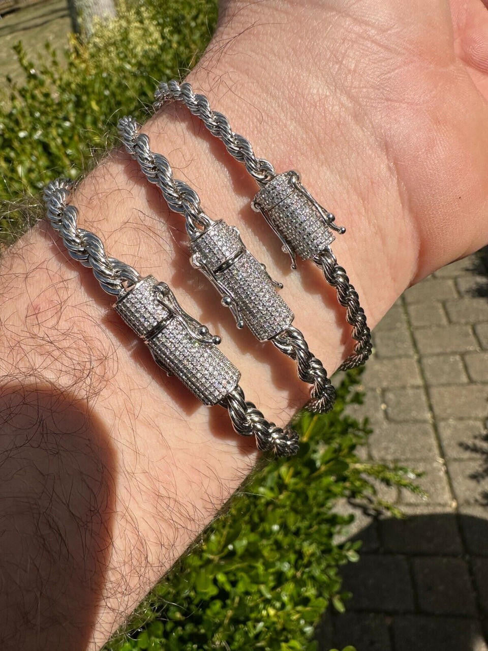 HarlemBling Iced MOISSANITE Clasp 925 Silver & Stainless Rope Bracelet 4-6mm Pass Tester 