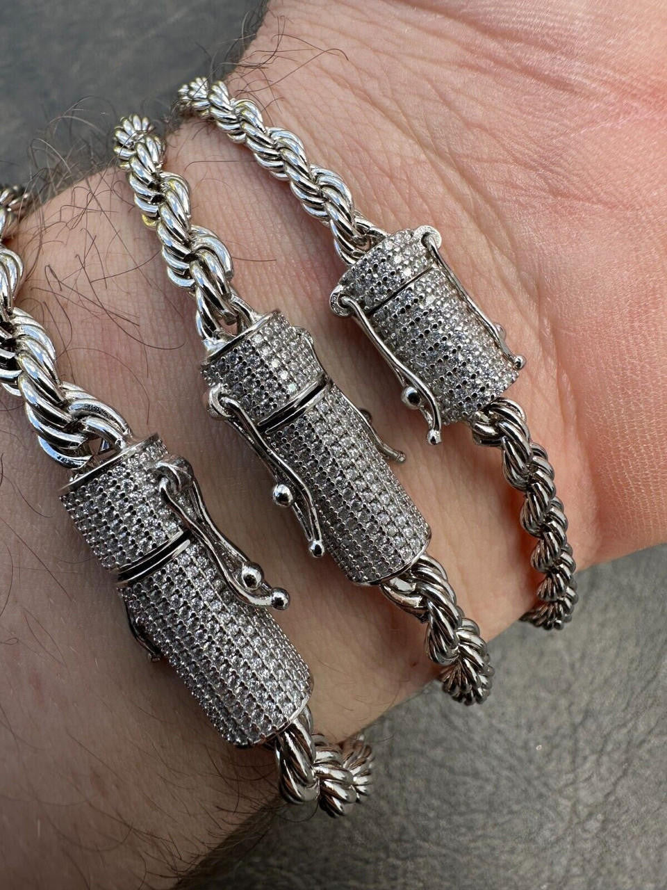 HarlemBling Iced MOISSANITE Clasp 925 Silver & Stainless Rope Bracelet 4-6mm Pass Tester 