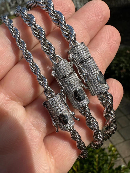HarlemBling Iced MOISSANITE Clasp Real 925 Silver & Stainless Steel Rope Chain Necklace