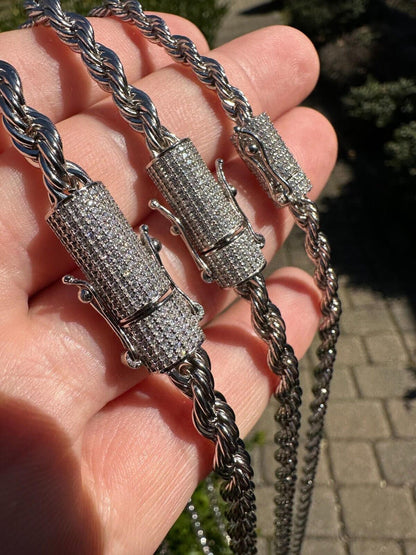 HarlemBling Iced MOISSANITE Clasp Real 925 Silver & Stainless Steel Rope Chain Necklace