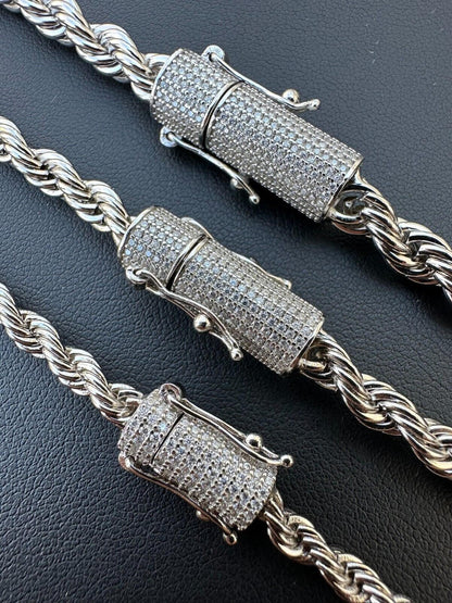 HarlemBling Iced MOISSANITE Clasp Real 925 Silver & Stainless Steel Rope Chain Necklace