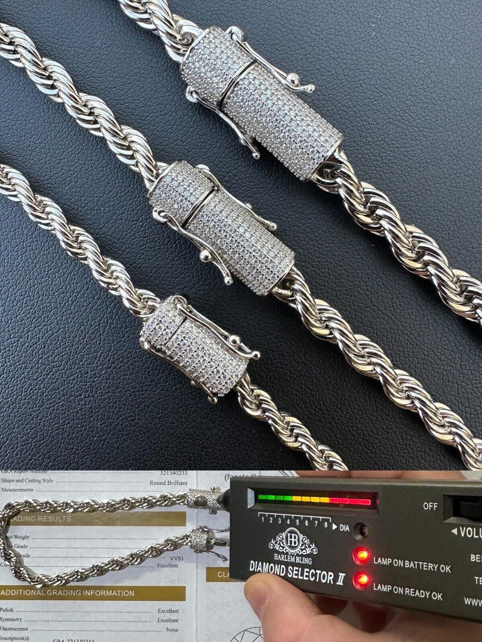 HarlemBling Iced MOISSANITE Clasp Real 925 Silver & Stainless Steel Rope Chain Necklace