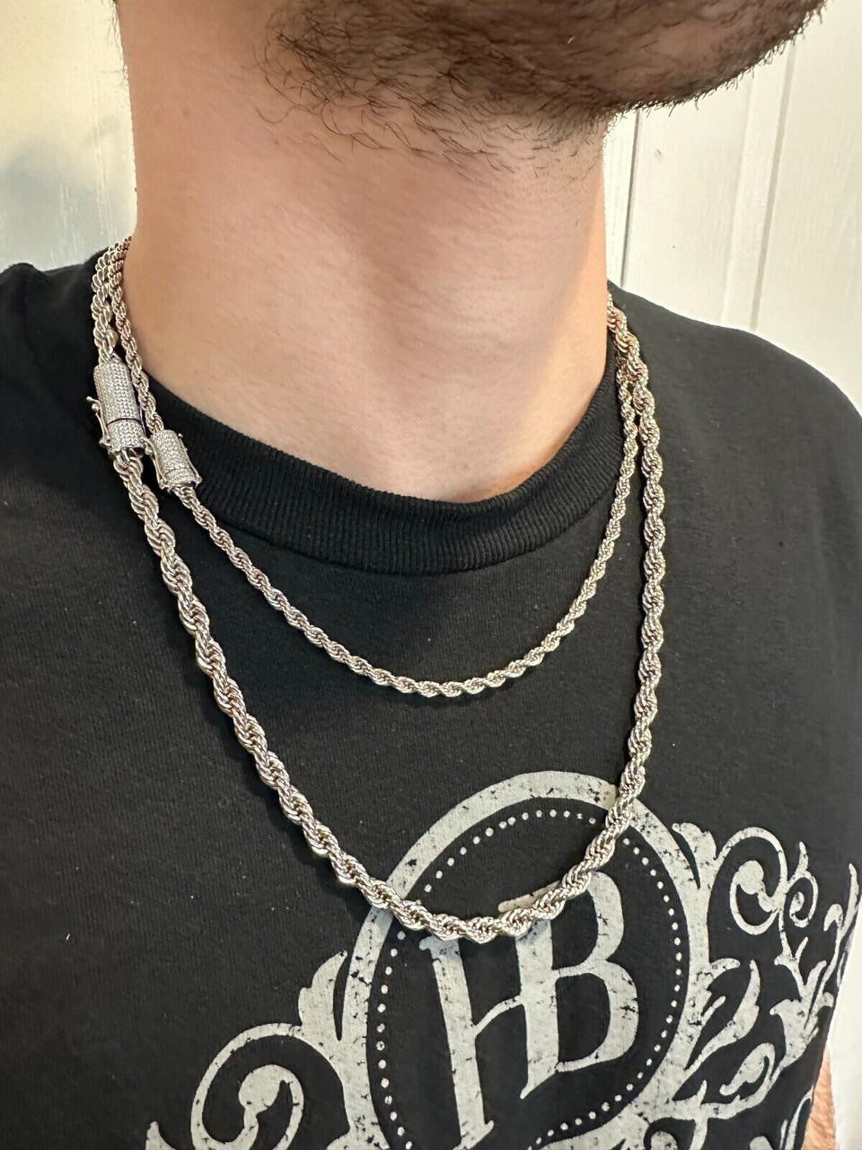 HarlemBling Iced MOISSANITE Clasp Real 925 Silver & Stainless Steel Rope Chain Necklace