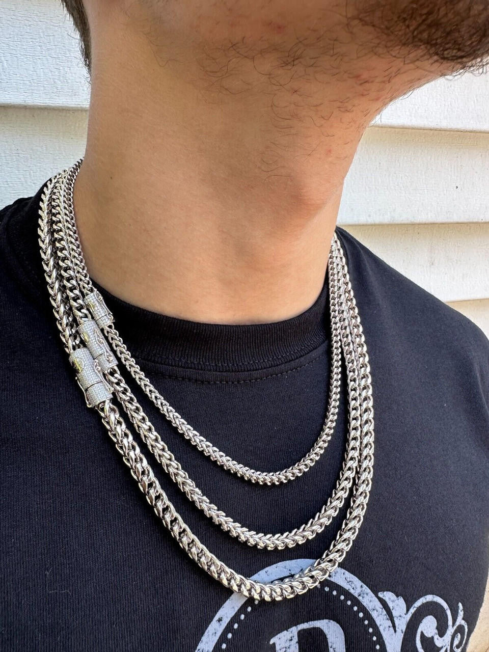 HarlemBling Iced MOISSANITE Clasp Stainless Steel & 925 Silver Franco Chain Necklace 4-6mm