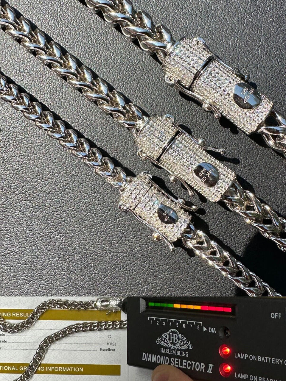 HarlemBling Iced MOISSANITE Clasp Stainless Steel & 925 Silver Franco Chain Necklace 4-6mm