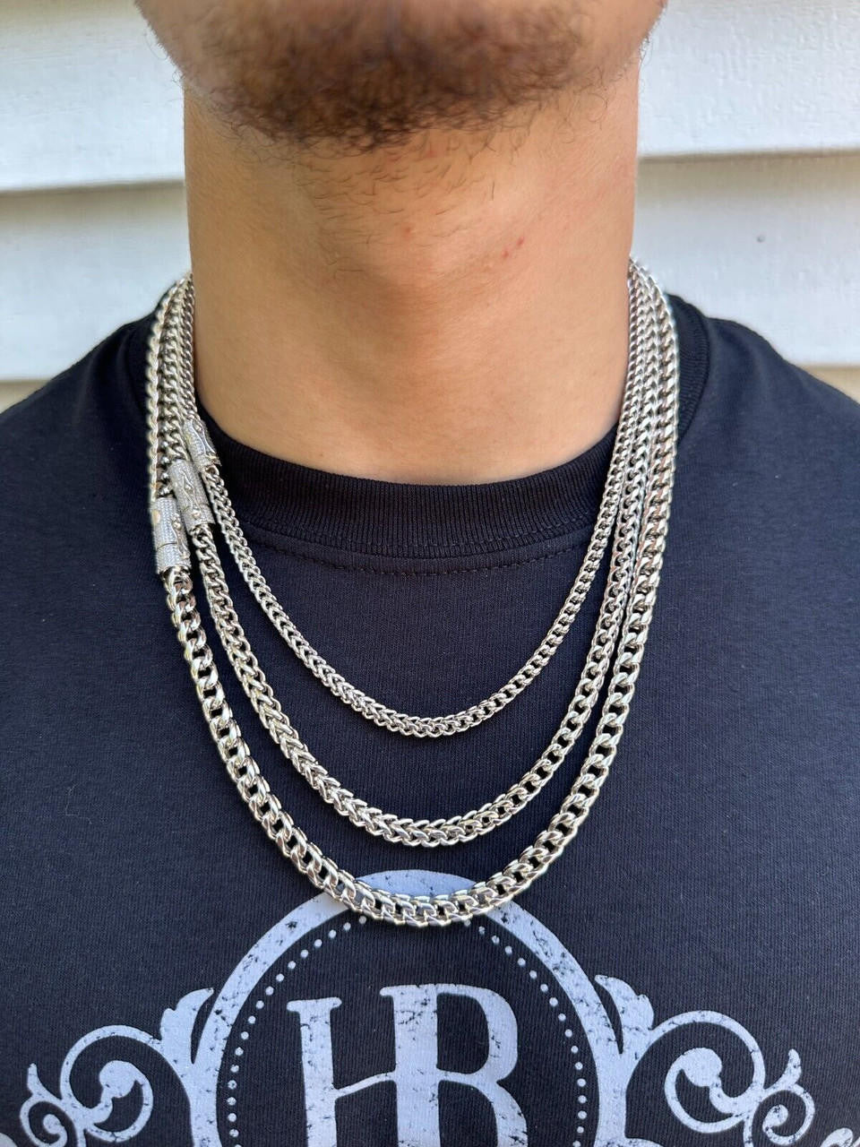 HarlemBling Iced MOISSANITE Clasp Stainless Steel & 925 Silver Franco Chain Necklace 4-6mm