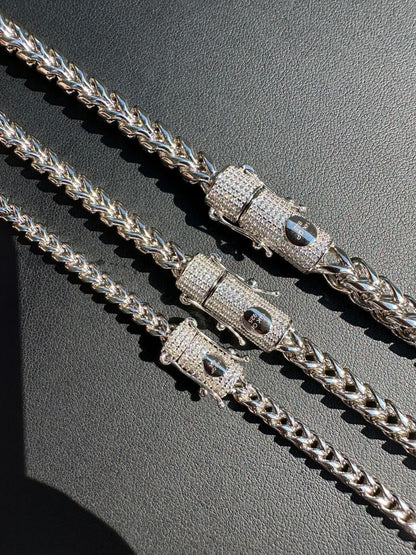 HarlemBling Iced MOISSANITE Clasp Stainless Steel & 925 Silver Franco Chain Necklace 4-6mm