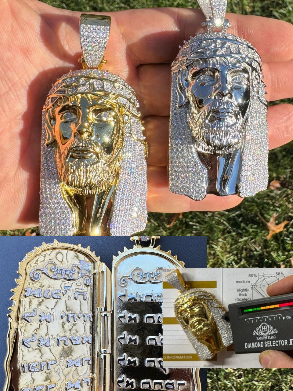 HarlemBling Iced Moissanite Opens Up Jesus Piece Ten Commandments Solid 925 Silver / Gold