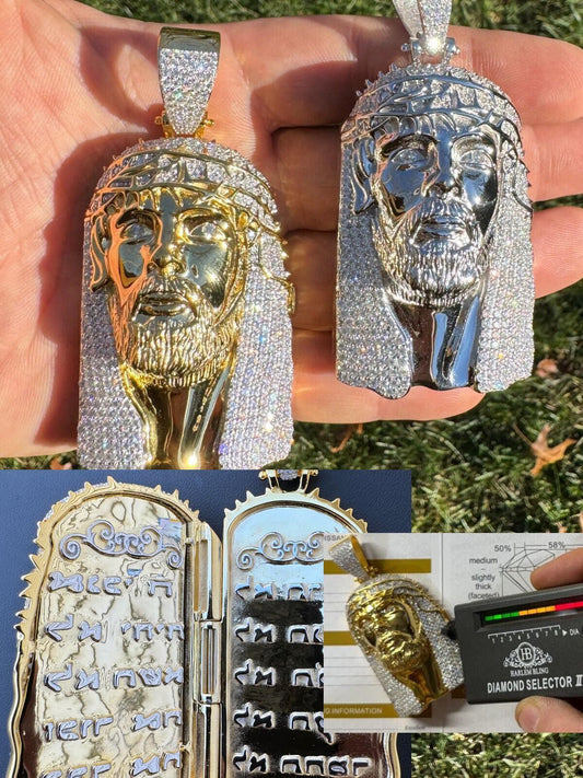 HarlemBling Iced Moissanite Opens Up Jesus Piece Ten Commandments Solid 925 Silver / Gold