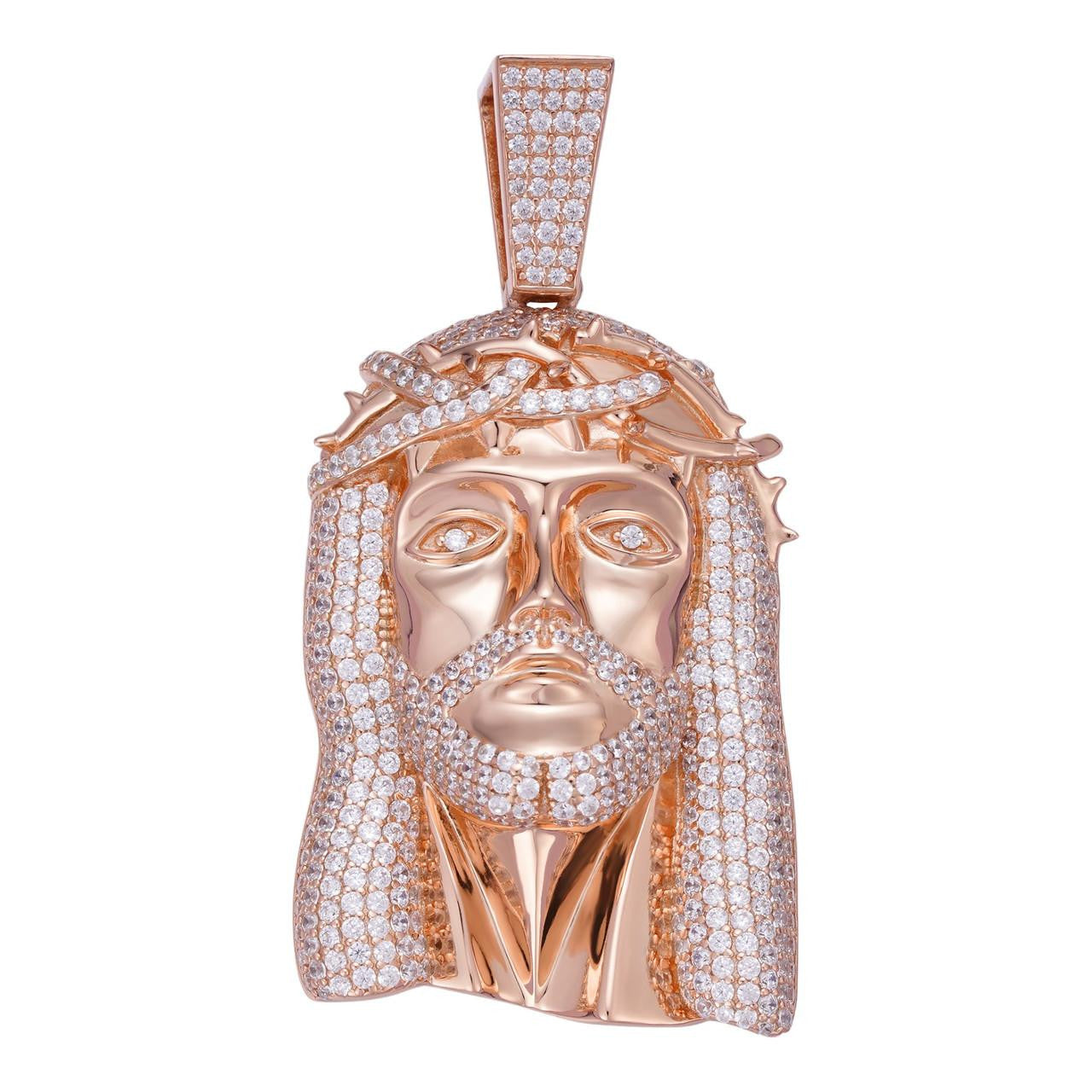 HarlemBling Iced Out Hip Hop Jesus Face Pendant - 14k Rose Vermeil 925 Silver - CZ Stones - 3 Sizes 1"-3"