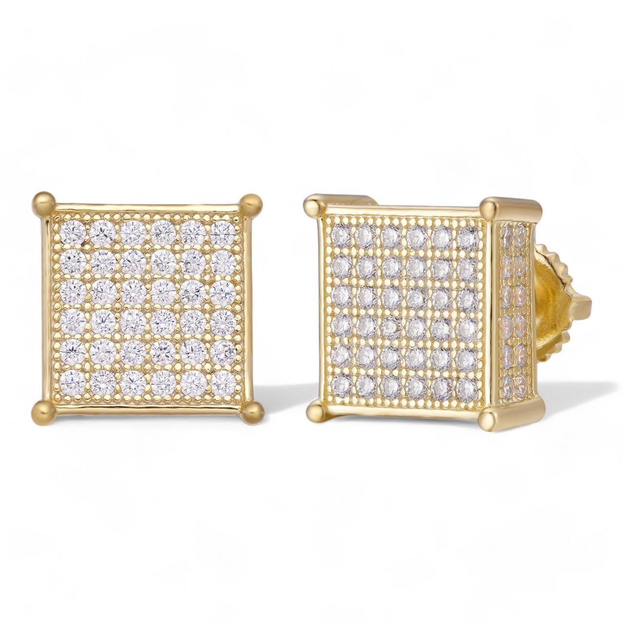 HarlemBling Iced Out Square Earrings - Two Tone Gold Vermeil & 925 Silver - CZ Stones - 10.5mm