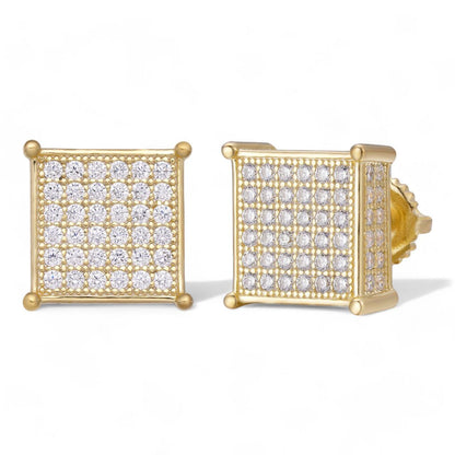 HarlemBling Iced Out Square Earrings - Two Tone Gold Vermeil & 925 Silver - CZ Stones - 10.5mm