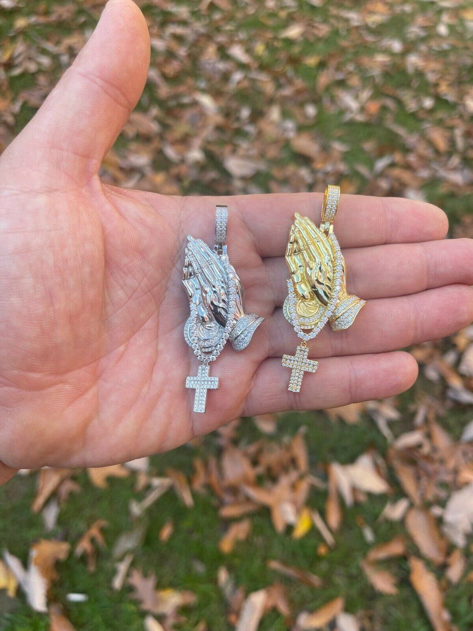 HarlemBling Iced Praying Hand and Cross Pendant 925 Silver / Gold MOISSANITE Pass Diamond Test