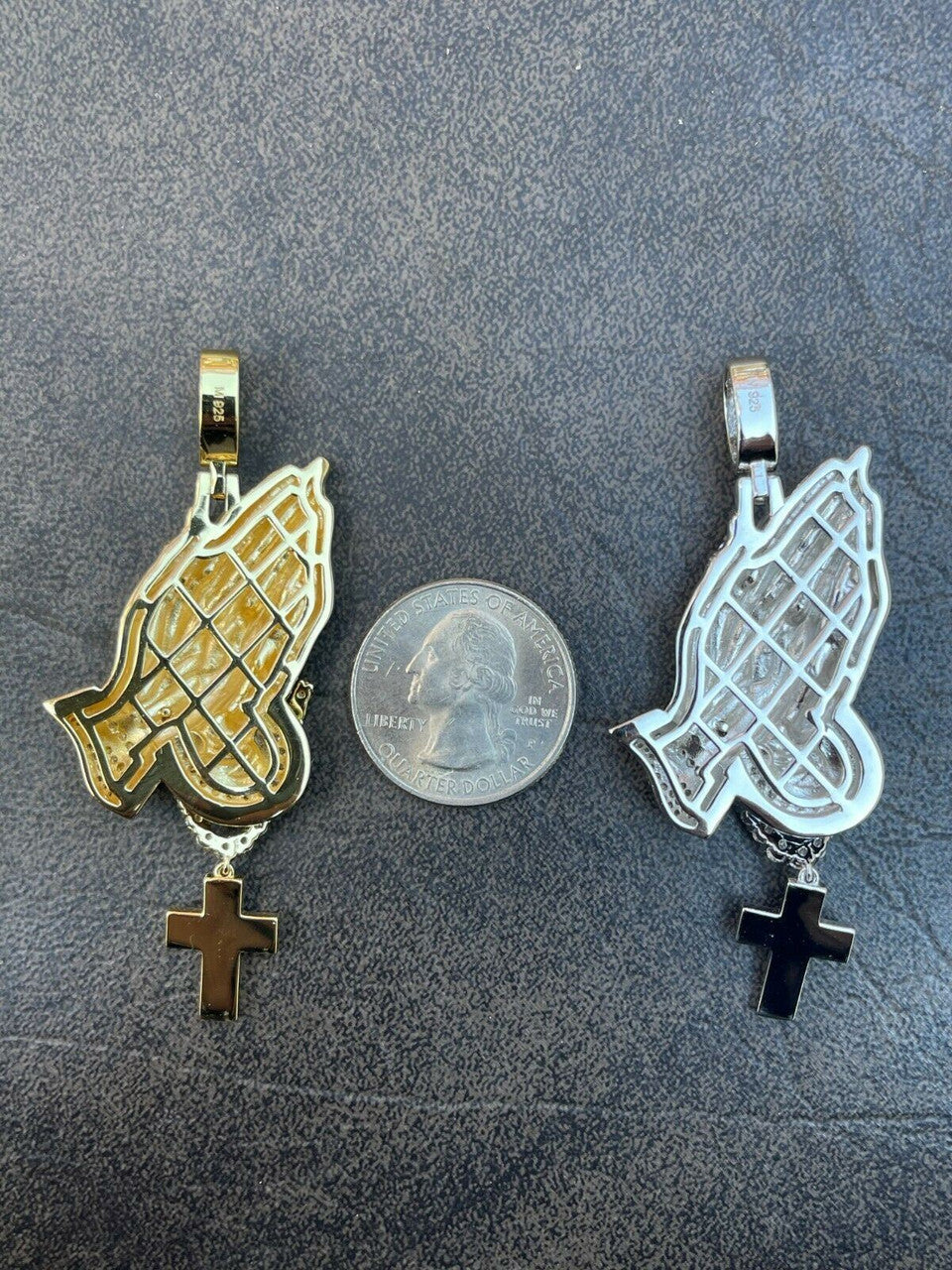 HarlemBling Iced Praying Hand and Cross Pendant 925 Silver / Gold MOISSANITE Pass Diamond Test