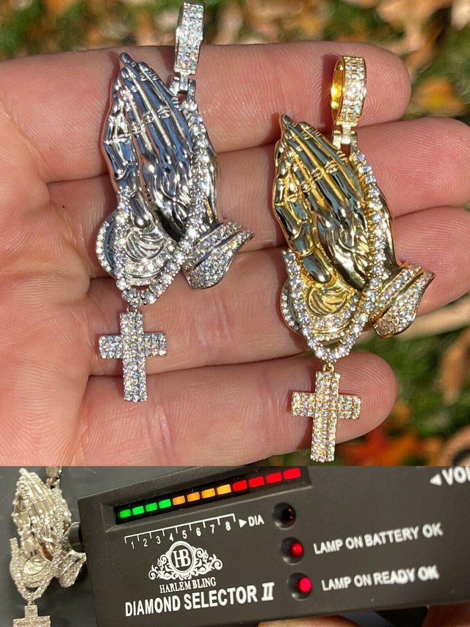 HarlemBling Iced Praying Hand and Cross Pendant 925 Silver / Gold MOISSANITE Pass Diamond Test