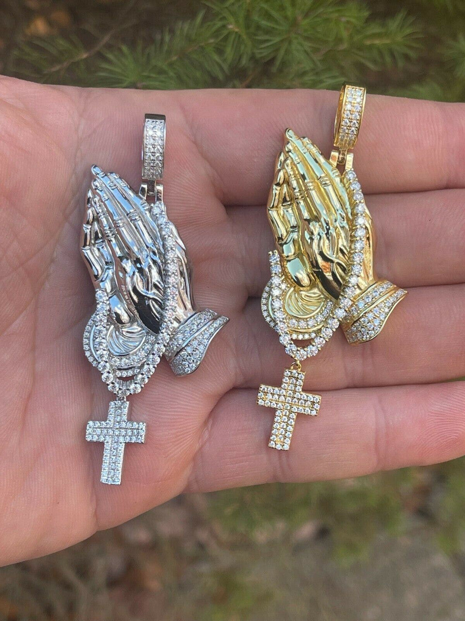 HarlemBling Iced Praying Hand and Cross Pendant 925 Silver / Gold MOISSANITE Pass Diamond Test