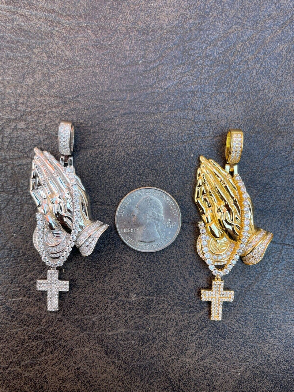 HarlemBling Iced Praying Hand and Cross Pendant 925 Silver / Gold MOISSANITE Pass Diamond Test