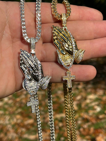HarlemBling Iced Praying Hand and Cross Pendant 925 Silver / Gold MOISSANITE Pass Diamond Test